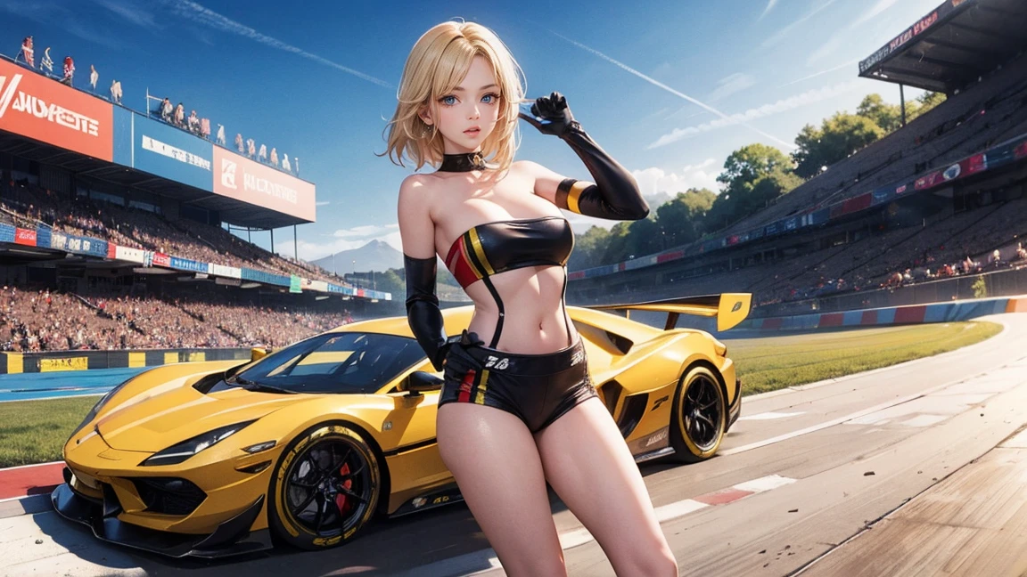 Unreal Engine 5 Realistic Rendering, cosplayer, Random Posing, Race Queen、Uniform with logo、 Exquisite beauty、Beautiful face, Body shape of slim model, Colossal tits, shiny, wet shiny body, short white hair, (((Dark brown skin beauty))), neons、Large crowds、audience、Forming an emperor、Drag racing、Midsommar Racing Circuit、racing car、Lower grade、Large crowds、Spectators、
