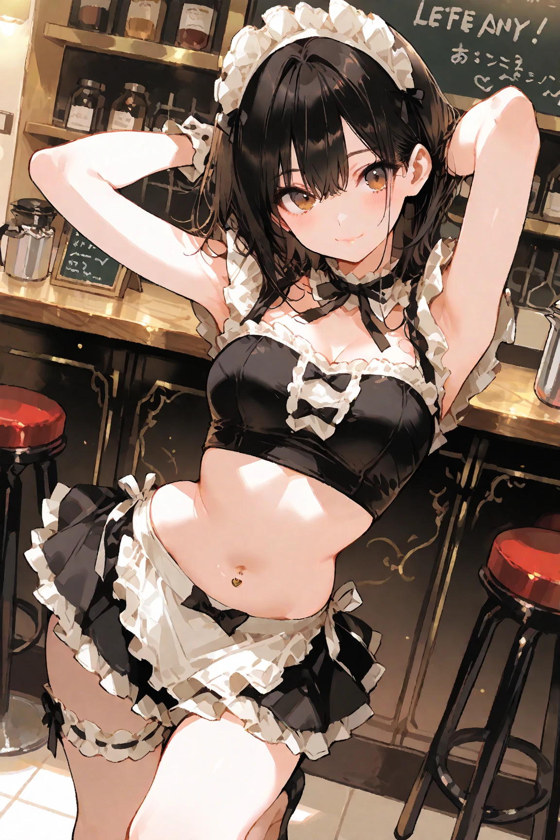 ((nsfw)), ((32k)), ((best quality)), ((ultra high res)), ((HDR)), ((UHD)), ((extremely detailed CG)), ((unity 32k wallpaper)), (((Virgin girl))), (ideal ratio body proportions), solo, long hair, (breasts), looking at viewer, blush, smile, bangs, thighhighs, bow, holding, cleavage, jewelry, ((white bikini)), (Black ponytail), (medium breasts), closed mouth, standing, swimsuit, ((black hair)), short sleeves, bikini, ((upper body)), earrings, frills, food, black thighhighs, indoors, bowtie, apron, cup, puffy short sleeves, wrist cuffs, grey eyes, thigh strap, detached collar, side-tie bikini bottom, thigh gap, table, single thighhigh, waist apron, white apron, plate, tray, teacup, cake, frilled apron, bridal garter, holding tray, cake slice, from below, ((front)),