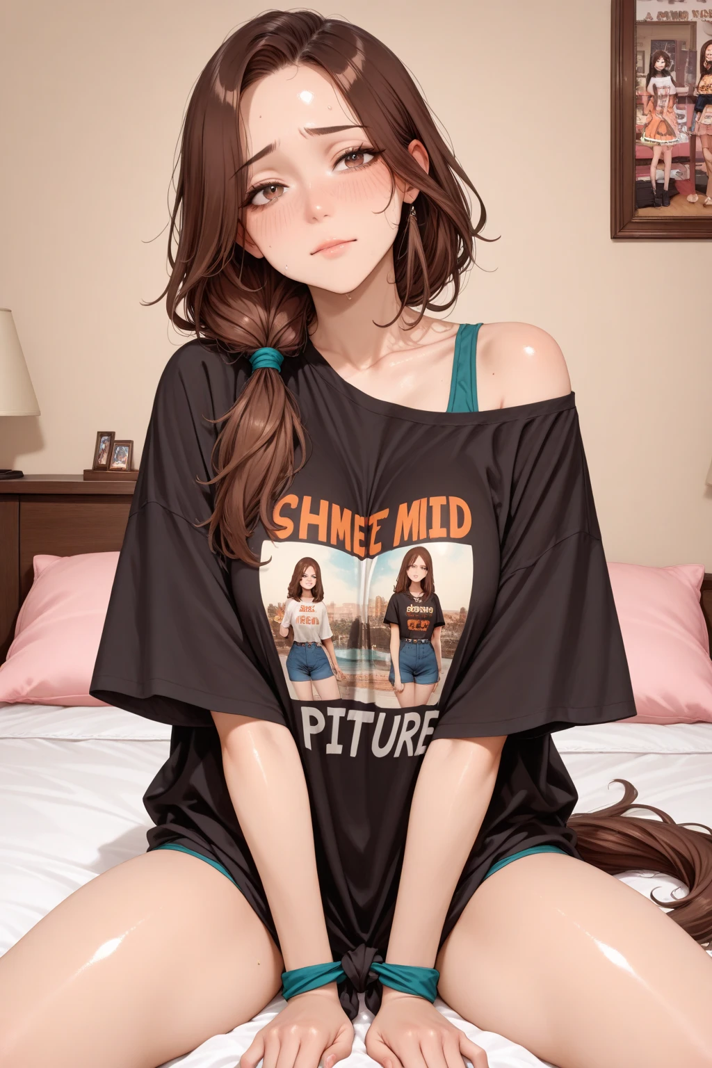 12 year old asian girl, wearing cotton shorts and loose crop tee with ‘NGENTOT’ pattern, leaning on kitchen counter, long wavy dark hair, undressing, undressing, torn shirt, round sagging breasts, nipples sticking out, breasts being squeezed, breasts looking beautiful. ass sagging down, wet body, sweat, horny. necklace, bracelets, looking at viewer, High Resolution, Anatomically Correct, Cowboy Photo,