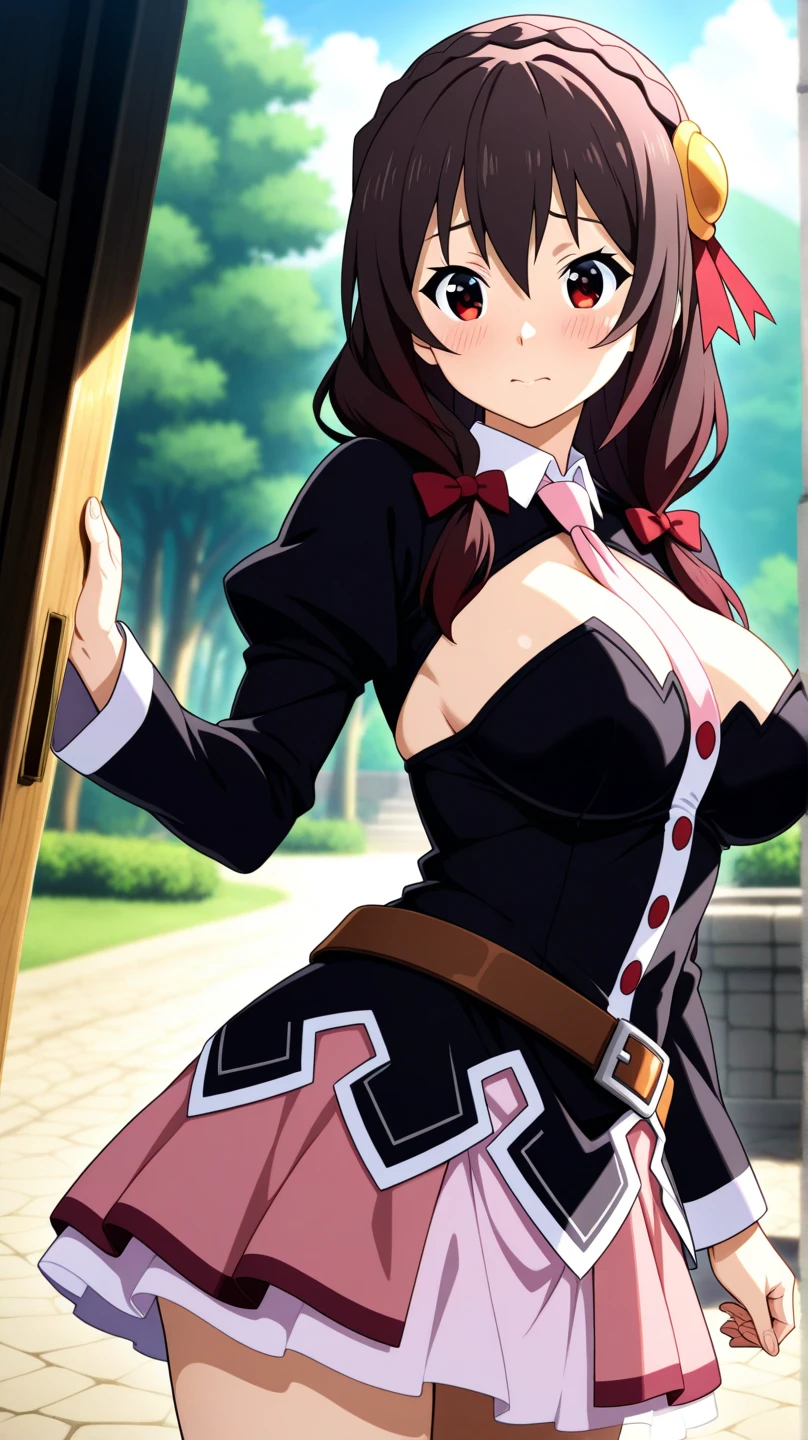 (masterpiece, Highest quality), One girl, Yunyun,Long Hair,Braiding,Twin tails,Hair between the eyes,Red hair ribbon,hair ornaments,large round breasts,、Fluttering pink skirt、Black Hair、Red Eyes、(Embarrassed face:1.2)、indoor、Crown Blade,Black Shirt, Long sleeve,Pink tie, belt, Cleavage cutout、cowboy shot、(blush:1.2)、I see pink panties、View from below