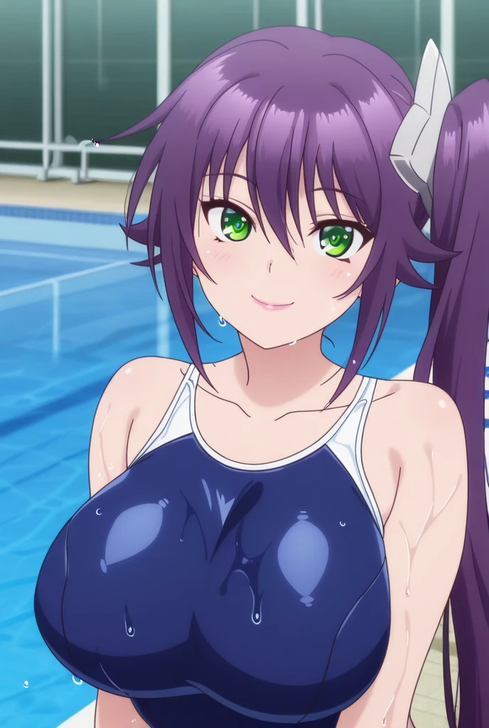 1girl in, 独奏, maikurobikini, Happy, sunlights, Sun'rays, bloom, is standing, Large_breasts, cleavage of the breast, hair pin, Purple_hair, Red_Eyes, long_hair, ​masterpiece, top-quality, illustratio, ultra-detailliert, Eyes and faces with detailed,school swimming pool、