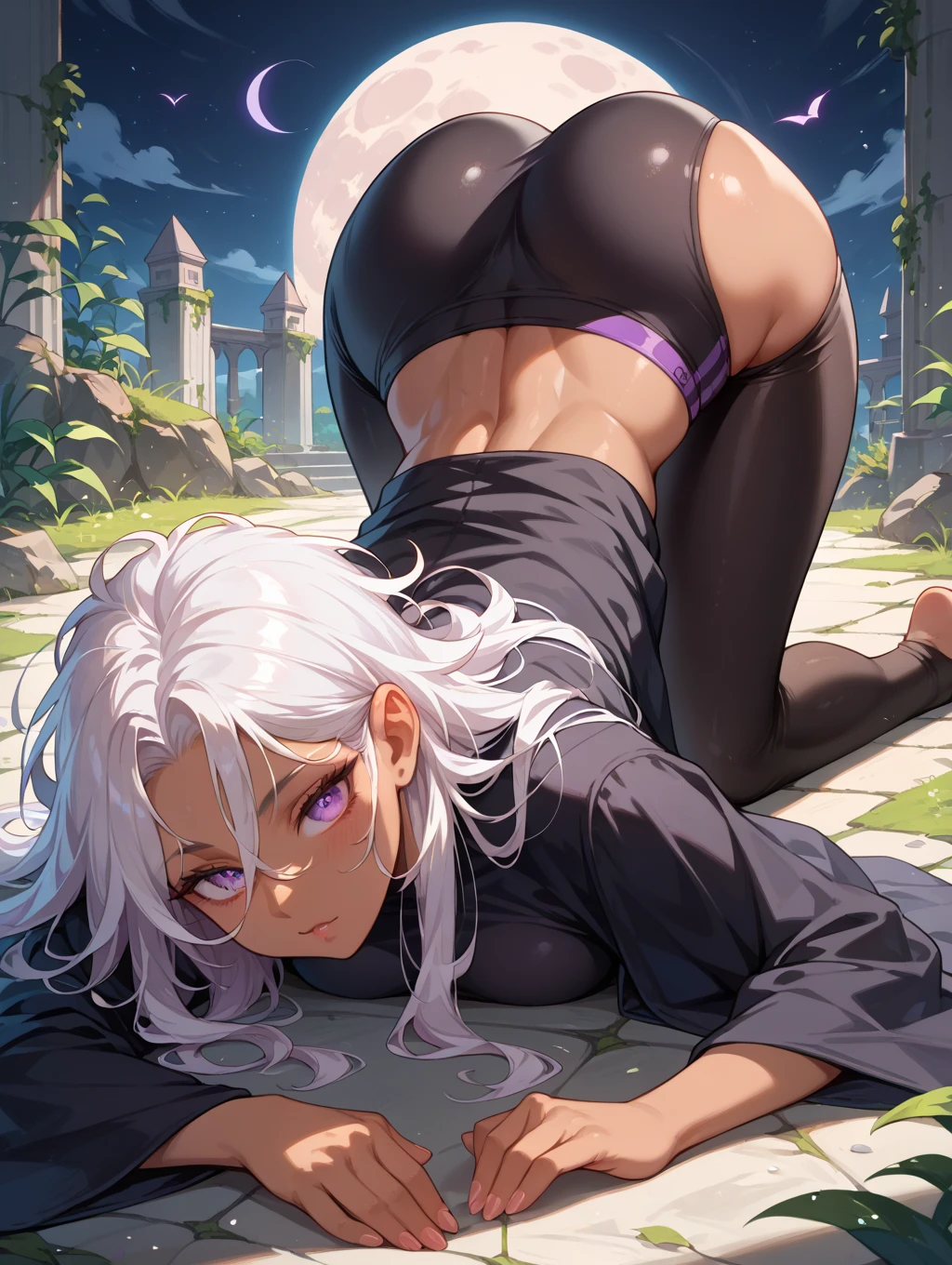 Fairy Knight Lancelot (destiny), 1 female, alone, Long Hair, chest, bangs, underwear, tail, Gray Hair, Top-down Bottom-up, flexible, Body pattern, Jack-o'-Challenge, Hands on the ground, The butt is facing the viewer, Backwards, The audience watches from behind, Rear-facing camera