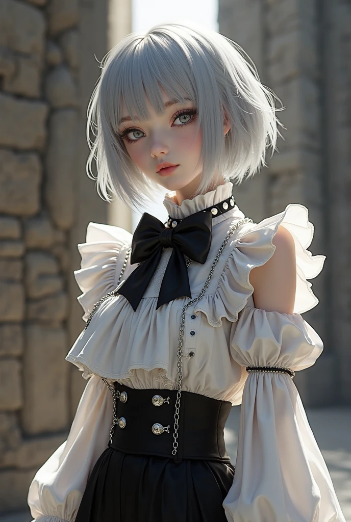 (8K, RAW, Professional, Best Quality, Masterpiece: 1.2), (Realistic, Photorealistic: 1.37), Ultra Detail, (Portrait), (Best Detail Skin: 1.2), (Best Detail Face: 1.2), Cinematic Lighting, 1 Girl, (Masterpiece), (Best Quality: 1.0), (Ultra High Definition: 1.0), Detailed Illustration, portrait, detail, girl, single, 16 years old, detailed beautiful skin, slender, face focus, dim light, harsh theme, constriction, full anatomy, random hairstyle short hair, ultra high definition face, detailed eyes, mine system, goth loli, white thin soft clothes, choker, braided short boots, taut pointed, hair ornament, idol group uniform
