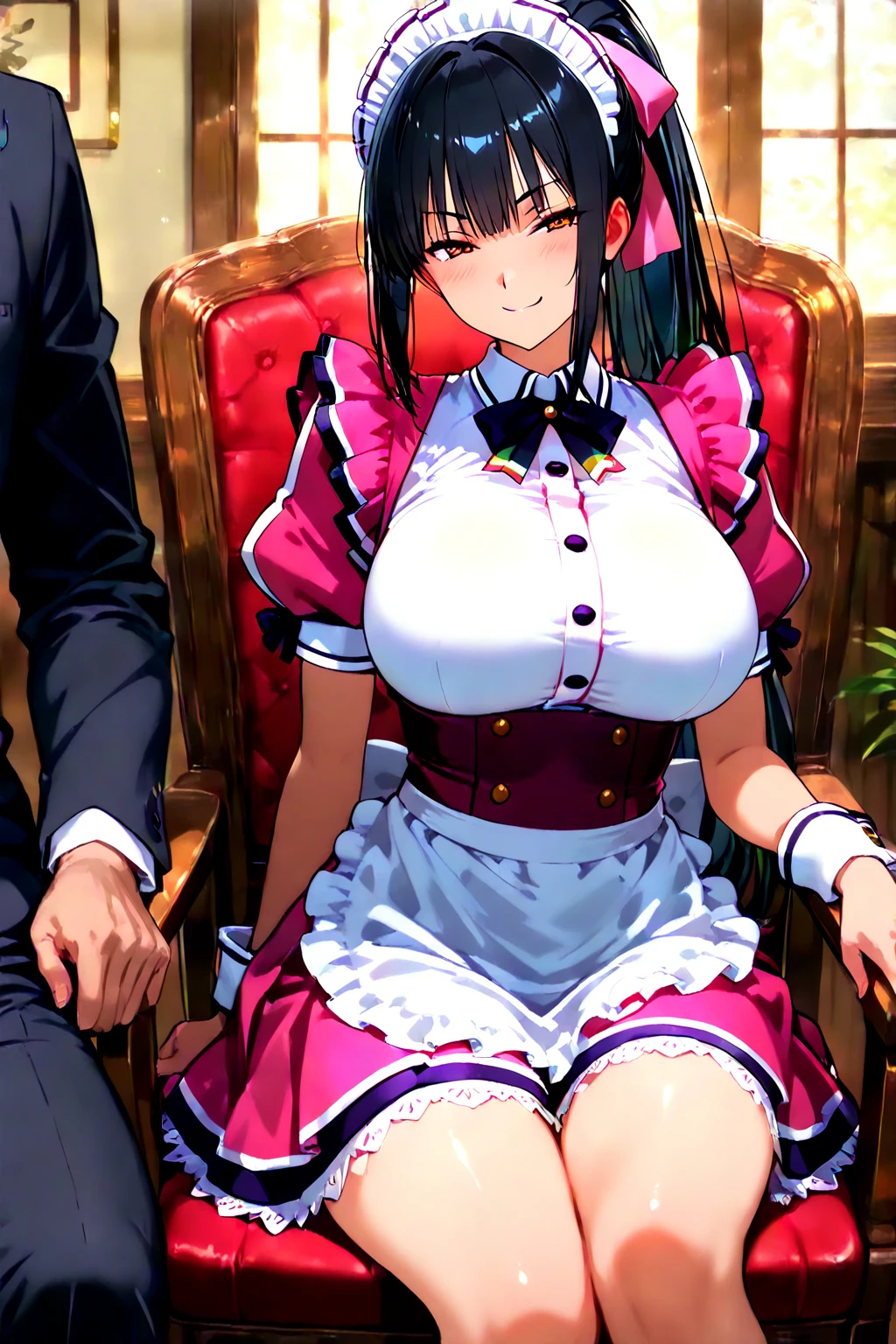 best quality, extremely detailed, anime style adult 1girl, long hair down to the waist, straight hair, dark black hair with bluish, beautiful detailed eyes, pinched eyes, dark blue eyes, huge breasts,curvy, ((((Male butler's outfit with elements of a princess)))),((Luxury rooms)),((pov face)),in umamusume's 3D style