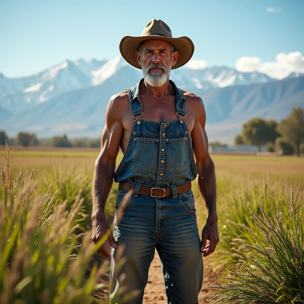 Gregor Jane, a 60 year old male farmer; sandy haired; lines on face; living on planet Corelia; dual suns high in the sky; standing in fields of waist high grain; reddish dusty glow to sky, bare skinned chest and belly. wearing an Aussie bush hat, knee length brown canvas britches, wrist communicator; droid harvester in background, bare skinned knees and calves