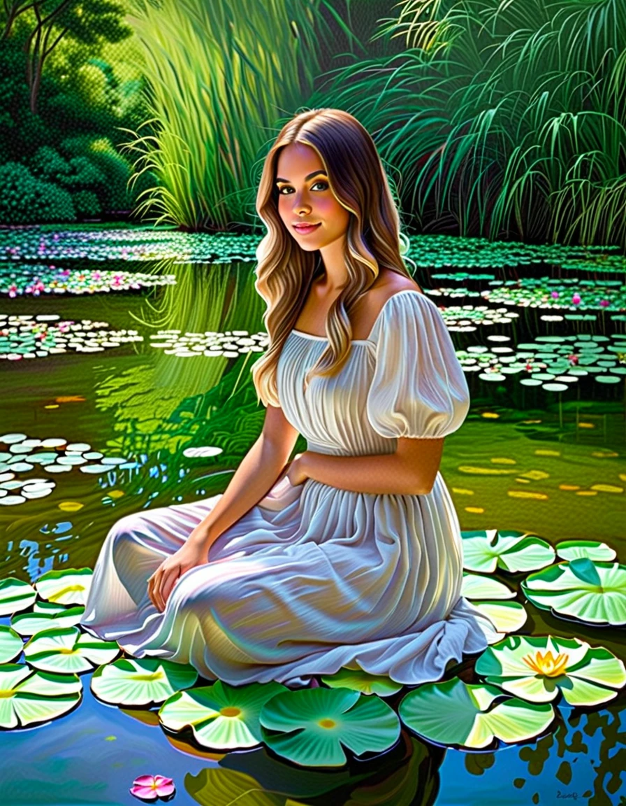  oil painting, evening Pond, beutifull landscape, reflection in Walter, a beautiful water nymph wearing a loose tunic, the bottom of which spreads on the surface of the water,  detailed, Masterpieces,