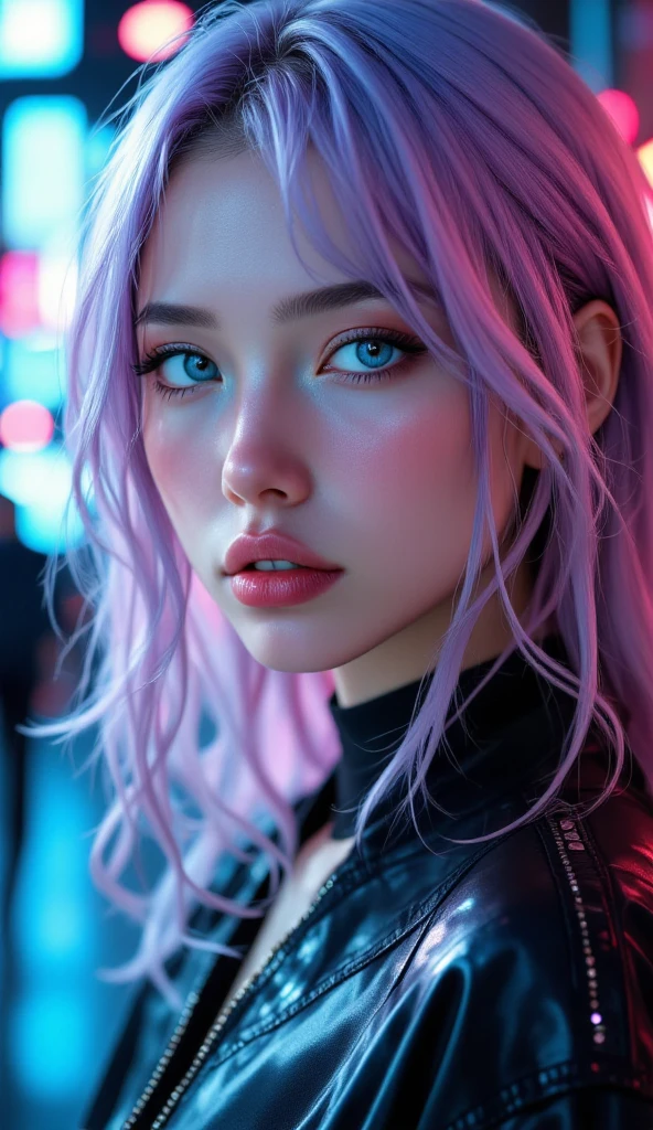 Mujer anime en la ciudad nocturna con colored lights shinedo en su piel, short pastel blue white and pink hair, pastel purple eyes, huge breasts, deep neckline, pastel dyed hair, naturally white hair, very detailed background, 8K Wallpaper, (detailed face and eyes.:1.4), (Detailed hair:1.3), (warm lighting:1.5), (dynamic angle), (dynamic pose), (dynamic background), (visceral experience), intense emotion, very detailed eyes, (darkness), (RGB LED lighting), short hair, naturally white hair dyed pink blue and green, colored lights shine, cyberpunk runners, skimpy suit, exposed abdomen, hipsters altos, red eye shadow.