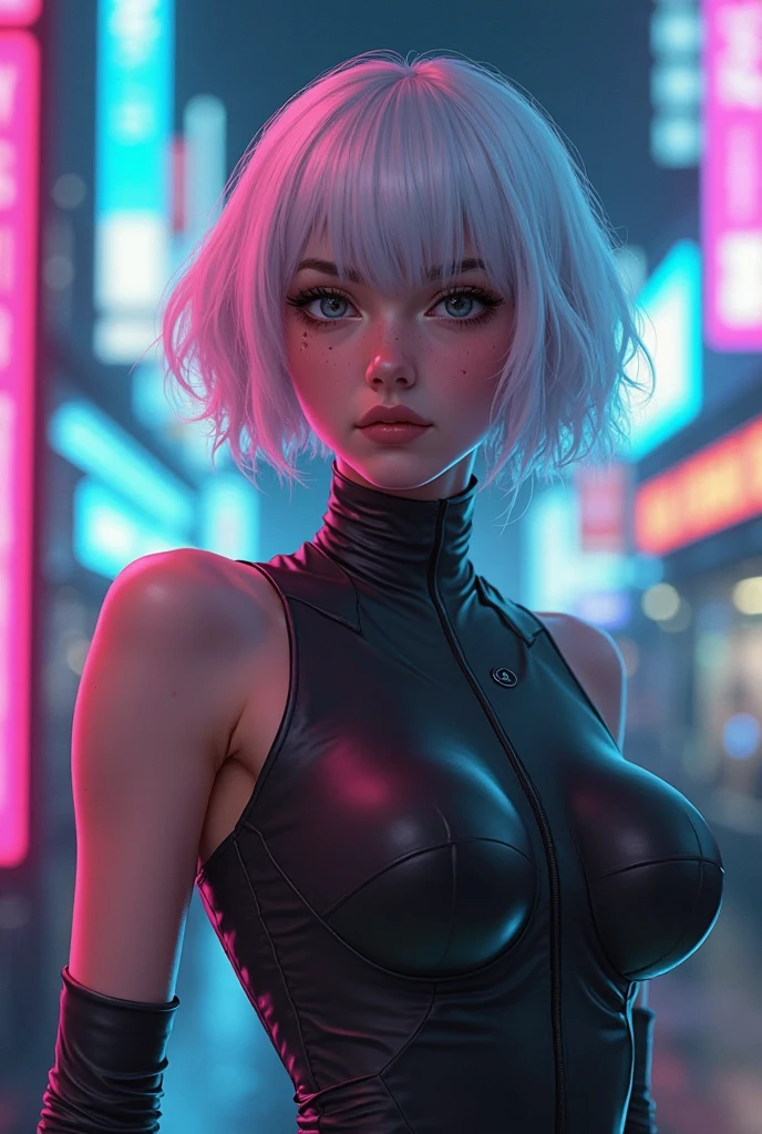 master part, Best Quality, ((smiling)) Stefania Ferrario cyberpunk girl together, White Harajuku inspired cyberpunk body harness, sexy white stylized lingerie, holding a large pen stylized as a modern pistol, bold colors and patterns, Attractive accessories, Modern and innovative hairstyle, Stunning cyberpunk cityscape, high, bright neon signs, luces LED, animated illustration, detailed skin texture, Detailed fabric texture, beautiful and detailed face., intricate details, ultra detailed, cinematic lighting, strong contrast.