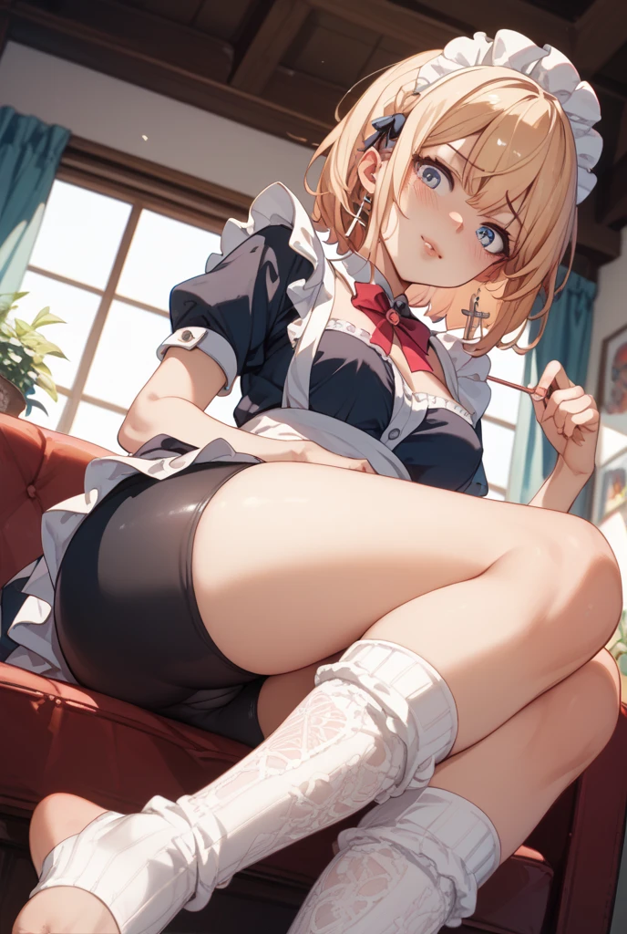 Idol, Masterpiece, Top Quality, Beautiful Face, Absurdity, HDR, (Cowboy Shot, White Ruffled Lace Mini Dress, White Collar, White Ruffle Cuff, Particles: 1.5), (Bloom, Glow: 1.4), (Smile), (Blonde Short, Yellow Eyes: 1.7), Sharp Focus, Photorealistic, High Resolution, Best Detailed, Ultra Detailed, Detailed Face and Eyes, Sharp Pupils, Realistic Pupils, Sharp Focus, Glossy Skin, (Black Corset: 1), (Dark Studio, Dark Background: 1.5), Rim Lighting, Dynamic and Cinematic Lighting, (((Skirt Lift: 1.3)))), ((White Panties Visible))),