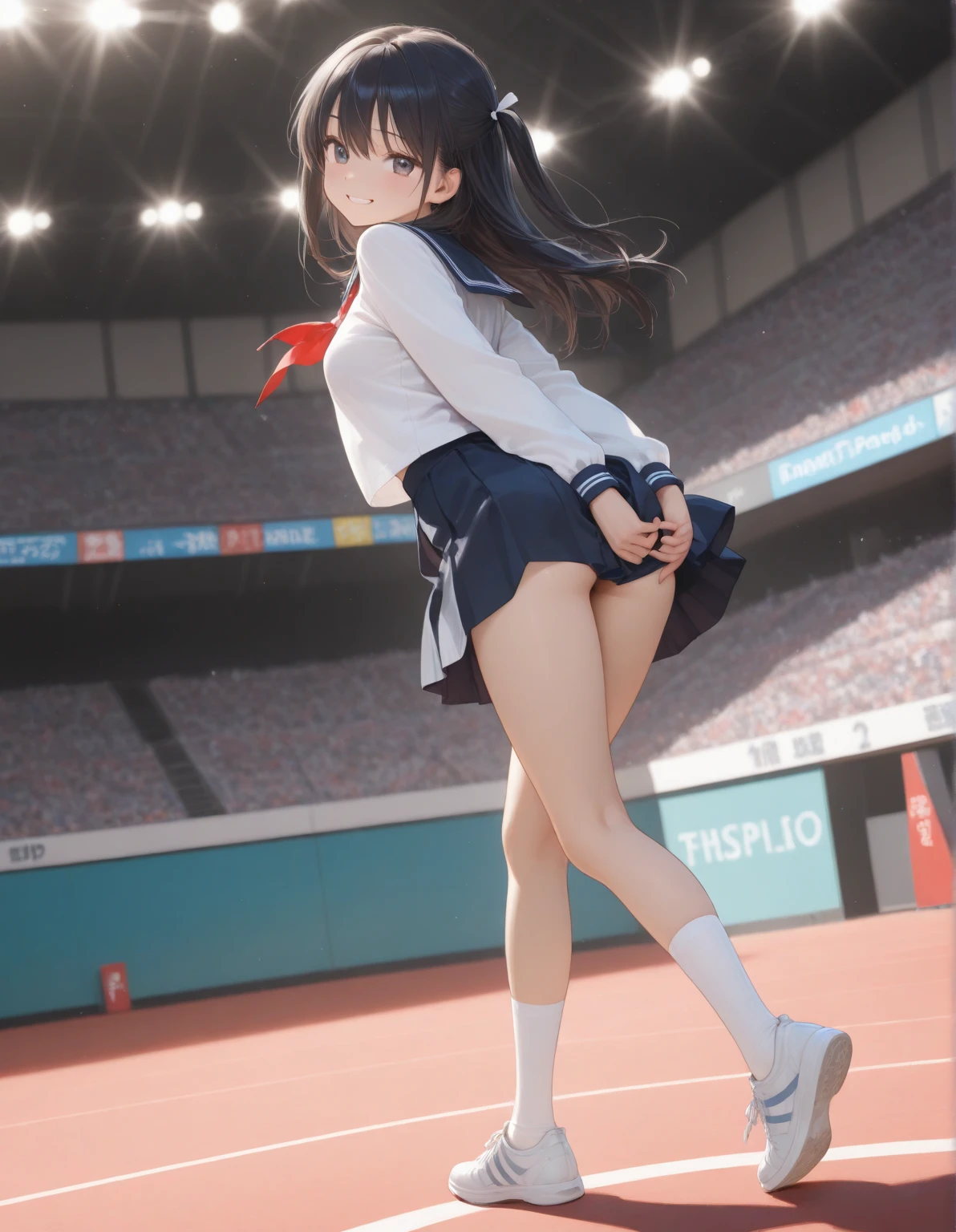 (solo short girl standing on school field), (very short tight brm), gym uniform, (bending back:1.4), (show off cameltoe for viewer:1.4), (bouncing unaligned disproportionately huge breasts:1.3), school buildings in background, nsfw, orgasm, screaming, excessive pussy juice squirting through brm toward viewer, (crying out with tears)