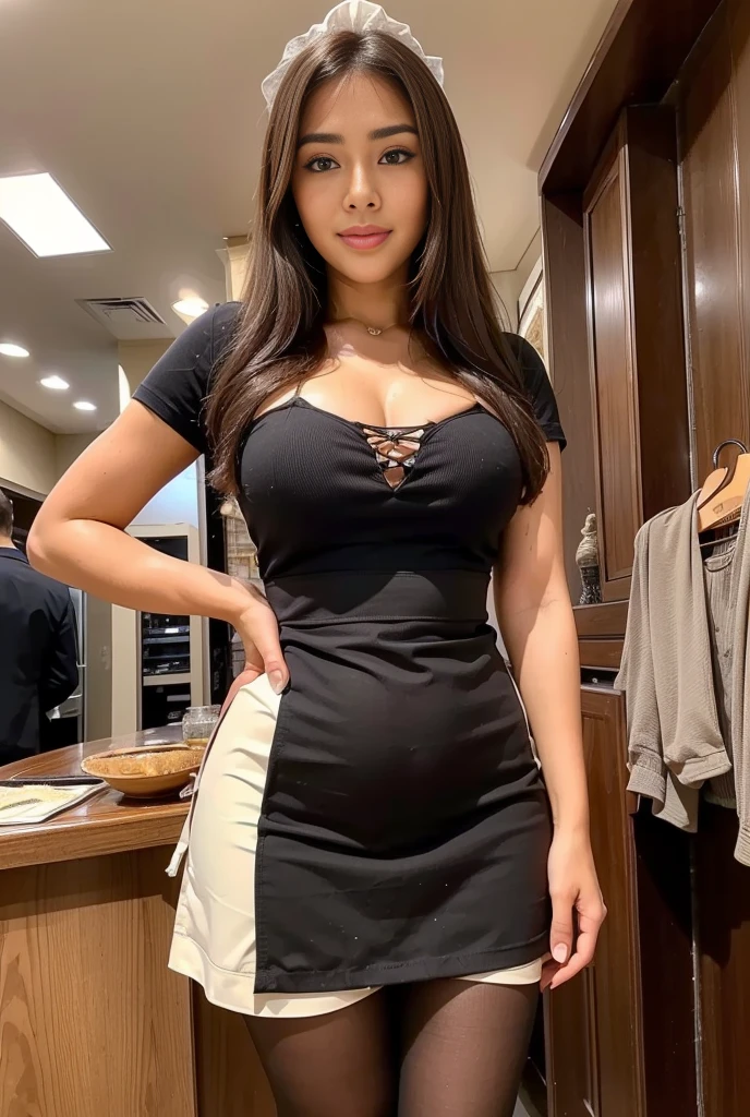 best masterpiece、highest quality、shape、Super detailed、High resolution、8K wallpaper、Perfect dynamic shape、beautiful and detailed eyes、natural color lip, Random sexy pose,very kind smile、17 year old girl、cute、expensive、(highest quality:1.3)、(masterpiece:1.3)、(The Super detailed:1.3)、(wallpaper, one girl:1.1)、(delicate hands and fingers:1.2)、(Detailed super oily shiny skin:1.1)、Beautiful and glossy thighs、(Sexy Restaurant Waiter Uniform:1.7)、(big breasts that hang down and firm:1.4)、slender body shape、brown hair head、(stable expression:1.5)、((Semi-long random hairstyle:1.3))、beautiful sister、(Model standing pose from the front:1.4)、sexy pose、(((Paris city cafeteria background:1.6)))、((Beautiful big breasts with firmness:1.5))、(beautiful double eyelids:1.3)、look at the camera、Pelvic expanse、perfect lighting、