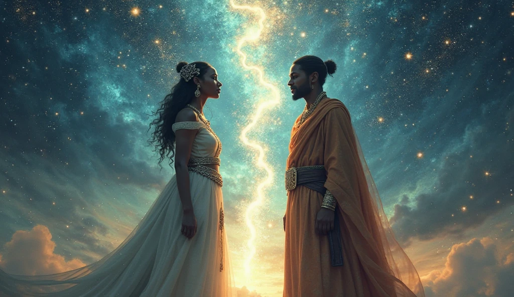 Paleolithic age god and Egyptian god creating a weapon using their cosmic energy no weapon required only smoke 