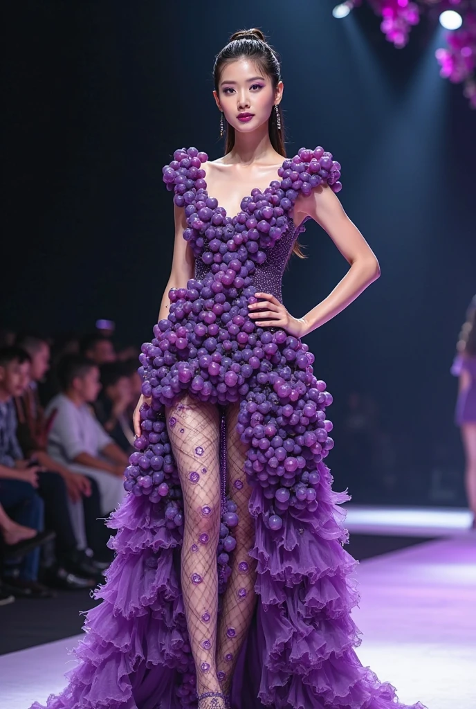 A Girl covered with Grapes dressing and walk on the ramp