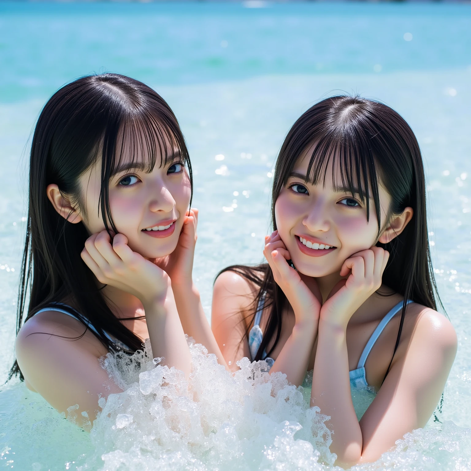 [ 4K Digital Art ]、((Highest quality, masterpiece, High resolution))、((Anime Art))、 ((reality))、Beautiful Japanese Women、((Two Women))、18-year-old、((dance、Dynamic limb movements))、(Detailed depiction of a beautiful face)、Smiling Kindly、Small breasts、Slim figure、Medium Short Hair、semi-long、Hair Bun、Wet see-through bikini、((Tight latex swimsuit))、Realistic Skin、Wet、whole body、No zoom、No close-ups、(Beautiful tropical beach landscape photography)、Cinematic Light、tropical、(Beach Flowers)、太陽輝くtropicalなプールサイドに、Blur the background、