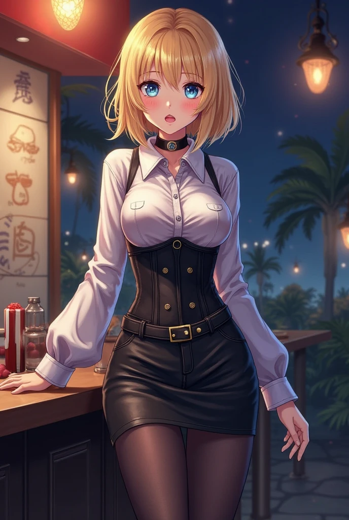 best qyality, perky tits, 8k, stocking suspenders, (woman 1), medium breasts, jazz bar, red/black dress, bob hairstyle, choker around the neck, starry eyes, noir style, professional, (yellow hair:1.3), (purple hair:1,5) full height, girl sitting at the club counter, dim light indoors