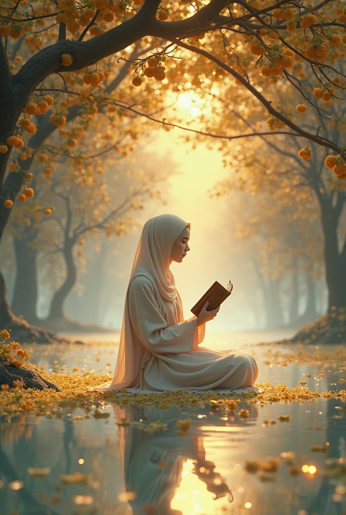 A asian woman with tunik hijab , white shoes, sits serenely on a fallen tree branch in the heart of an autumn forest, holds a dark-colored book in her hands , realistic photography, dreamy moment
