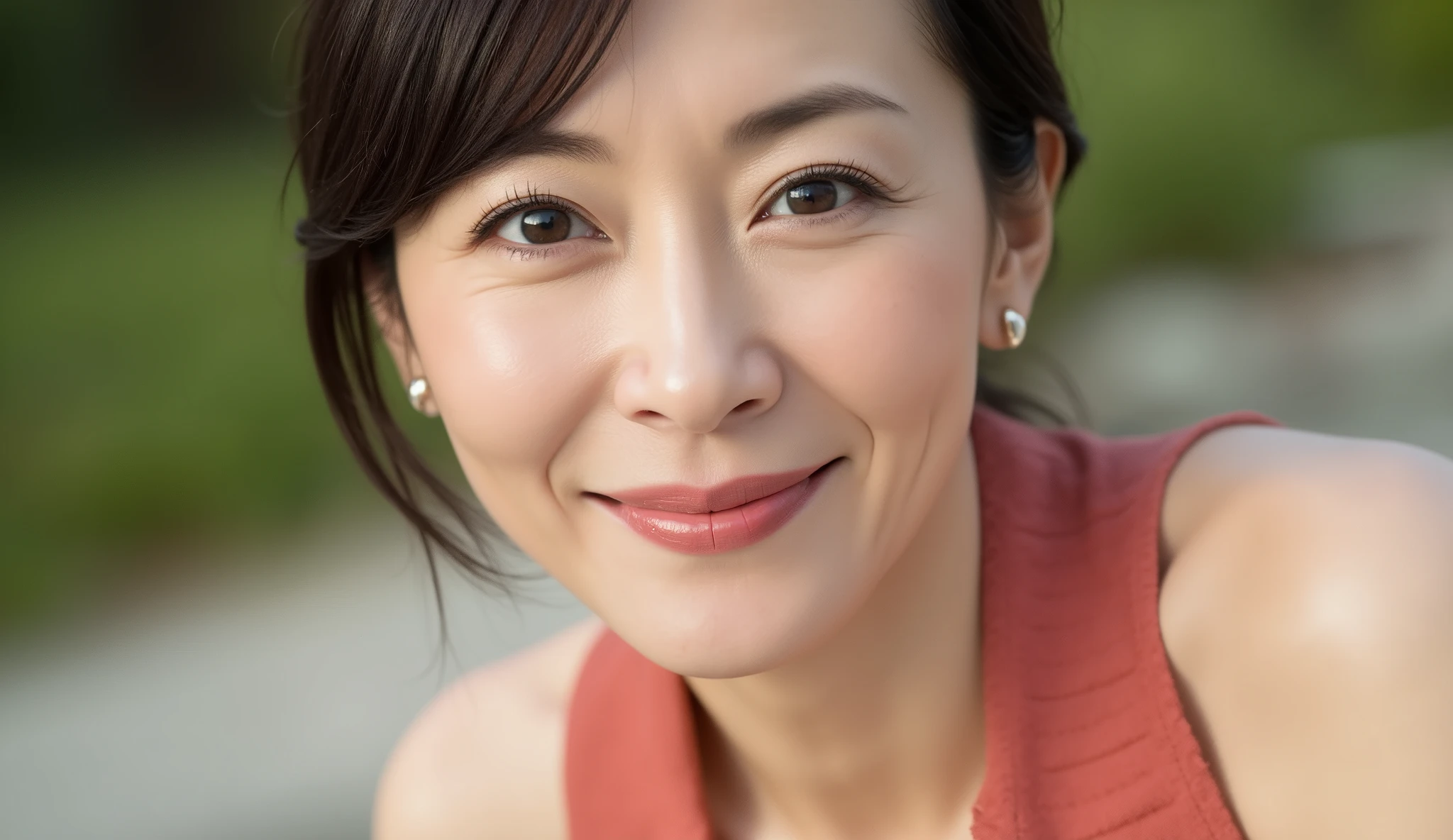 mature japanese woman, 48 years old, ultra Realistic, high resolution, close-up, masterpiece, Cinematic Lighting, Clear Focus, photo-Realistic, Soft Depth of Field, perfect skin texture, natural makeup, beautiful laugh wrinkles, elegant, refined, can't see hands, Upper body only, Physically Based Rendering, Highest Quality, Sexy but classy, high detail, hyper-Realistic, Realistic eyes, fine iris , natural eye reflection, Shining eyes, moisturized eye texture, Faint reflection of light in the eyes, Deep eye color, (formal:1.4), (Realistic:1.2), (photo-Realistic:1.37), (close-up:1.3), (8:1.4), (Elegant laugh wrinkles:1.5), staring directly into the camera , Loose bun hair, faint smile, coral sleeveless top, gentle wave sound in the background, Morning Light