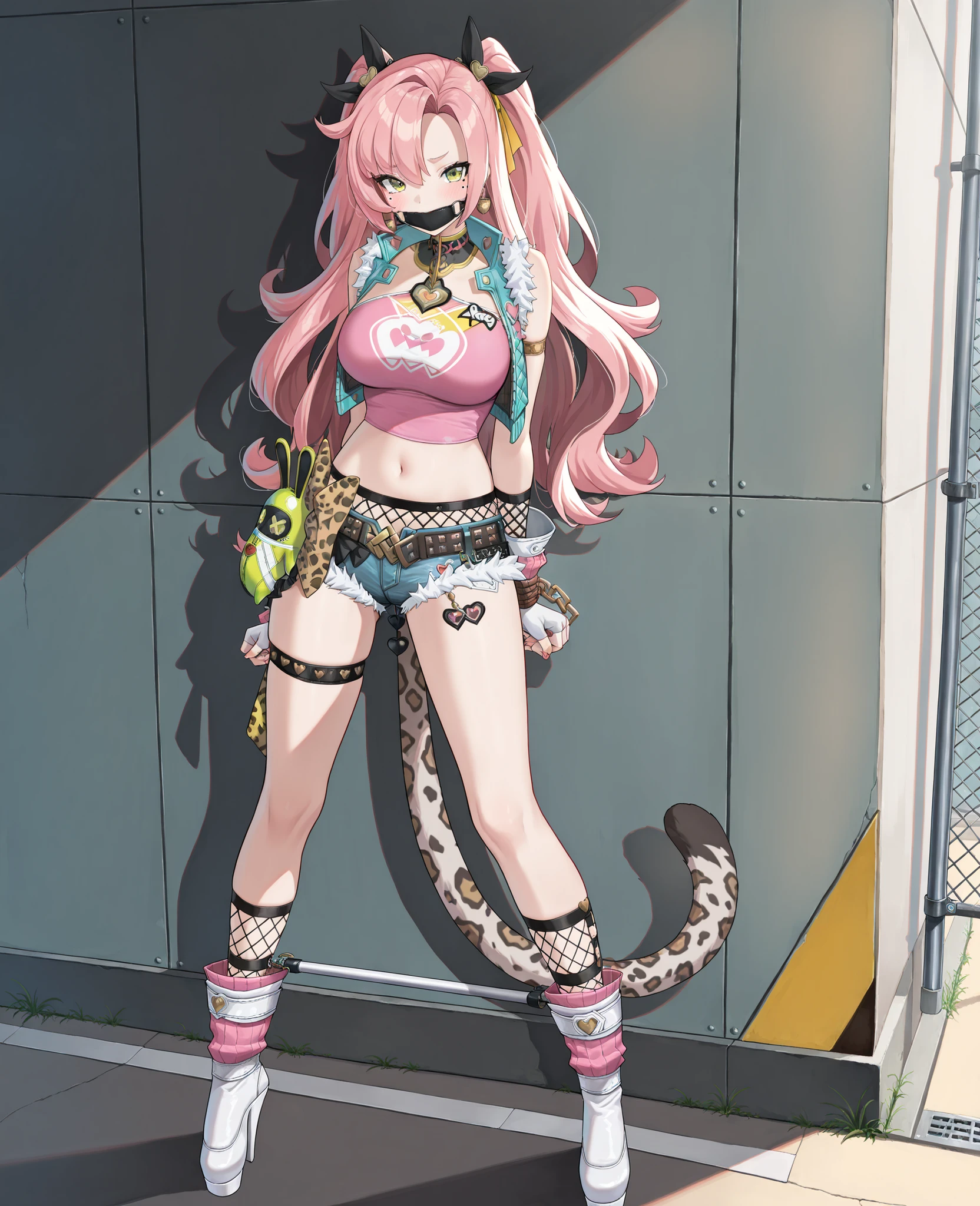 (Nicole_\(Zenless_Zone_Zero\)),full body,solo,long hair,yellow eyes,green eyes,pink hair,mole under eye,gloves,shorts,fingerless gloves,crop top,short shorts,(thigh stra,heart),midriff,belt,earrings,denim shorts,jacket,hair ornament,fishnet socks,very long hair,navel,large breasts,short shorts,cutoffs,pink shirt,looking at viewer,mole,twintails,bare shoulders,blush,sleeveless jacket,nsfw, gagged, white knee high ballet heels boots, ((Best quality, 8K, Masterpiece:1.3, 1 girl)), best quality, high quality, Ultra quality, extremely detailed, ultra detailed, masterpiece, 8K quality, leather body harness, bdsm, bondage, standing, spreader bar, leopard tail anal plug, hands tied up, ringgag