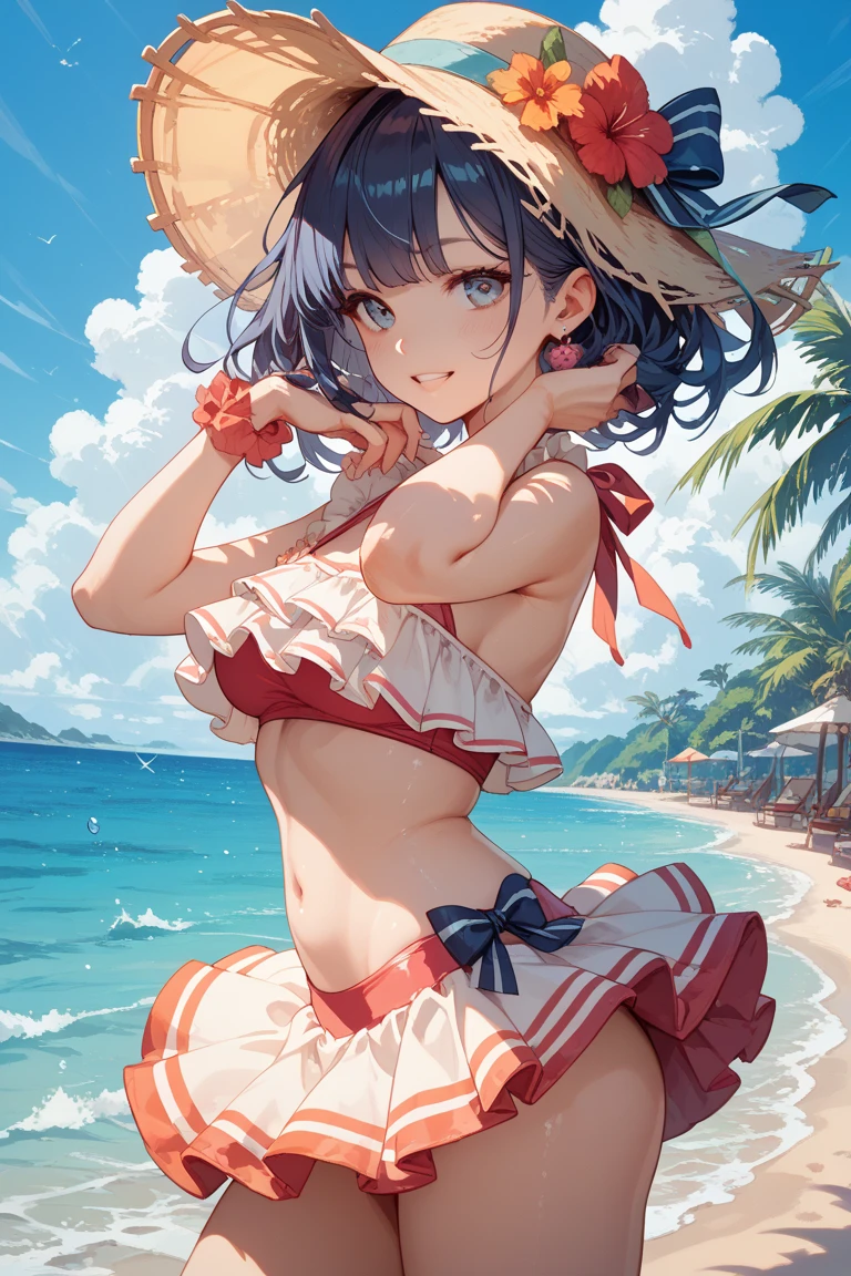 (1girl)),((alone)),komi shouko,(masterpiece), (best quality), (ultra detailed), (best illustration), (best shadow), (absurdities), sharp focus, cowboy shot ,dynamic pose looking at viewer, big breasts, narrow waist, wide hips, medium thighs, round butt, dynamic posture, long hair, black hair, purple eyes, swimsuit, white bikini, ruffled bikini, white bra, bikini skirt , navel, neckline, , calm look, closed mouth, serious expression, (sexy pose: 1.2), ((solo)), standing: 1.3, outdoor, beach, sea, sunny, clouds, sand, sunset, looking back,from behind, ((focus on ass), point of view (from below), red blush, perfect anatomy, perfect hands
