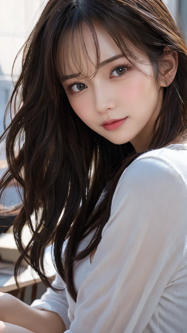 (Masterpiece: 1.2), (Best Quality: 1.2), Ultrareal, Supreme, Absurd, Very Detailed, Volume, Dramatic Lighting, From Below, One Girl, Detailed Eyes, Cute Smile, Looking at the Camera,