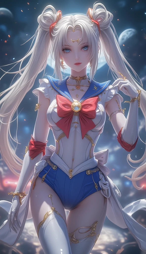 NSFW,table top、full:1.3、stand、8k、。.3d、realistic、Ultra-microphotography、highest quality、Wallpapers with extreme details CG Unity 8k、from below、intricate details、(1 female)、28 years old、(sailor moon:1.6 Super Bishoujo Senshi sailor moon Mer1、Nether Warm Wind,land、sailor warrior uniform Sailor:1.5、sailor moon:1.5,Eternal sailor moon)、(Incredibly long and bright blonde pigtails:1.4、thin and very long straight twin tail blonde, bun hair、Red round hair ornament for bun hair)、((sailor warrior uniform、sailor color,pray miniskirt:1.5、Glossy pleated mini skirt:1.3、big red ribbon on the chest,,,,,、white long latex gloves,red gloves on the elbows、A gorgeous golden tiara on the forehead、ear nipple rings,Gorgeous Golden Jewels))、Extremely thin and fitted high gloss white holographic leather、High-gloss white latex high-leg swimsuit that shines like oil,(facial details:1.5、bright blue eyes、Beautifull expression、beautidfull eyes、Iris overview, shining eyes、thin lips:1.5、thin and sharp pale eyebrows,、long and thick eyelashes、double eyelashes、thin, thin and muscular,,,、small face、tall and big breasts、perfect proportions、big breasts thin waist、sexy model posing、dynamic pose,Visible pores、enchanting smile、perfect hands:1.5、octane rendering、very dramatic picture、(The divinity of the moon,space background、moonlight rayoon、dynamic background、exquisite light and shadow、dynamic angle、detailed background),strong natural light、sunlight、Digital single-lens reflex camera、sharp focus: 1.0、Maximum clarity and sharpness