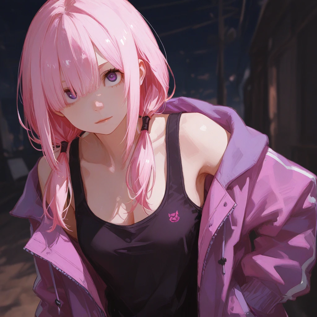 shizukamikazuki, shizuka mikazuki, short hair, purple hair, hair ornament, hairclip, (pink eyes:1.5), swept bangs,
BREAK navel, cleavage, jacket, open clothes, midriff, hood, open jacket, blue jacket, hooded jacket, sports bra, sports shorts,hood down,
BREAK looking at viewer,
BREAK outdoors, city,night, neon lights, wet road, reflections, stars, starfall,
BREAK (masterpiece:1.2), best quality, high resolution, unity 8k wallpaper, (illustration:0.8), (beautiful detailed eyes:1.6), extremely detailed face, perfect lighting, extremely detailed CG, (perfect hands, perfect anatomy), upper body, from above.