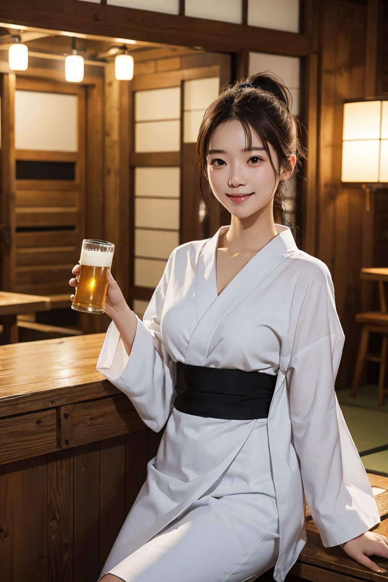 (high quality:1.2,Ultra-realistic) 、Detailed face、Detailed eyes、Beautiful Japanese Woman、22 years old、Black Hair,(Cleavage:1.2)、(breasts out),(nipples slip),The chest is on the table、ryokan, BREAK (wearing light pgray Japanese Checkered pattern yukata,obi),((ryokan yukata,onsen yukata)),Sitting at the table, (Big smile,Happy expression:Pure joy),she has (bun hair with side bangs) and、 (Holding a large beer mug on the table)、(no bra,braless:1.3),(blushing:1.5),