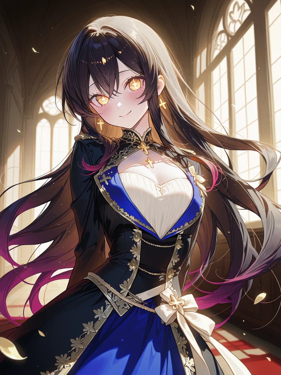 ((anime artstyle)),(Masterpiece),(Best Quality), (Super Detail),((Very Delicate and Beautiful)),(((Solo))),((full body portrait)),((1 arrogant queen in beautiful embroidery black gorgeous rococo princess ballgown with Fluffy full length hoop skirt)),gold trim,((crinoline)),gorgeousfull embroidery,Long train((arrogant,haughty)),(((arrogant smile))),Sharp eyes,(standing in the royal palace,holding a luxurious scepter),sunlight,((gorgeous gemstone jewelry)),detailed face and eyes,jewel-like eyes,Purple eyes,(Bangs between eyes),((large amount of straight hair,extremely Long voluminous black Hair)),((gigantic tits,Long tits)),gorgeousfull embroidery,cleavage,extremely gorgeousfull hair ornament,(bling-bling extremely gorgeousfull jeweled tiara),gorgeous corsage,(Dynamic Angle),Looking at viewer,(full body)),((beautiful embroidery black gorgeous rococo princess ballgown with Fluffy full length Fluffy hoop skirt))