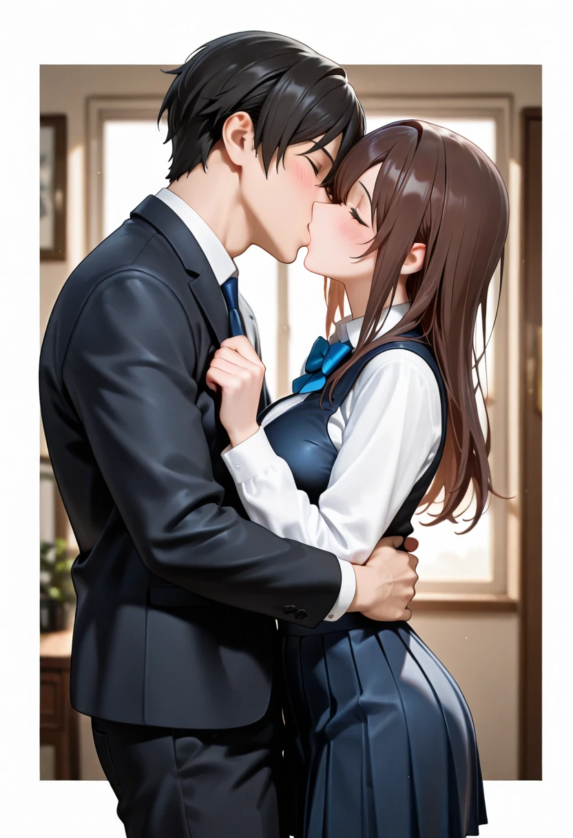 A highschool student, 17 years old, /(school uniform: Dark yellow sweater, beige blouse, dark brown miniskirt with white lines and pleats, dark grey socks,), in a room, on a chair, near the window, in winter, fogged glass, the young lady riding on the man's hip passionately kissing, 21 years old, /(formal suit, rings on fingers,), on top of the man riding him, frontal focus,(1boy:1.2), (hetero:1.2), (tongue kiss:1.2), (saliva trail:1.1)