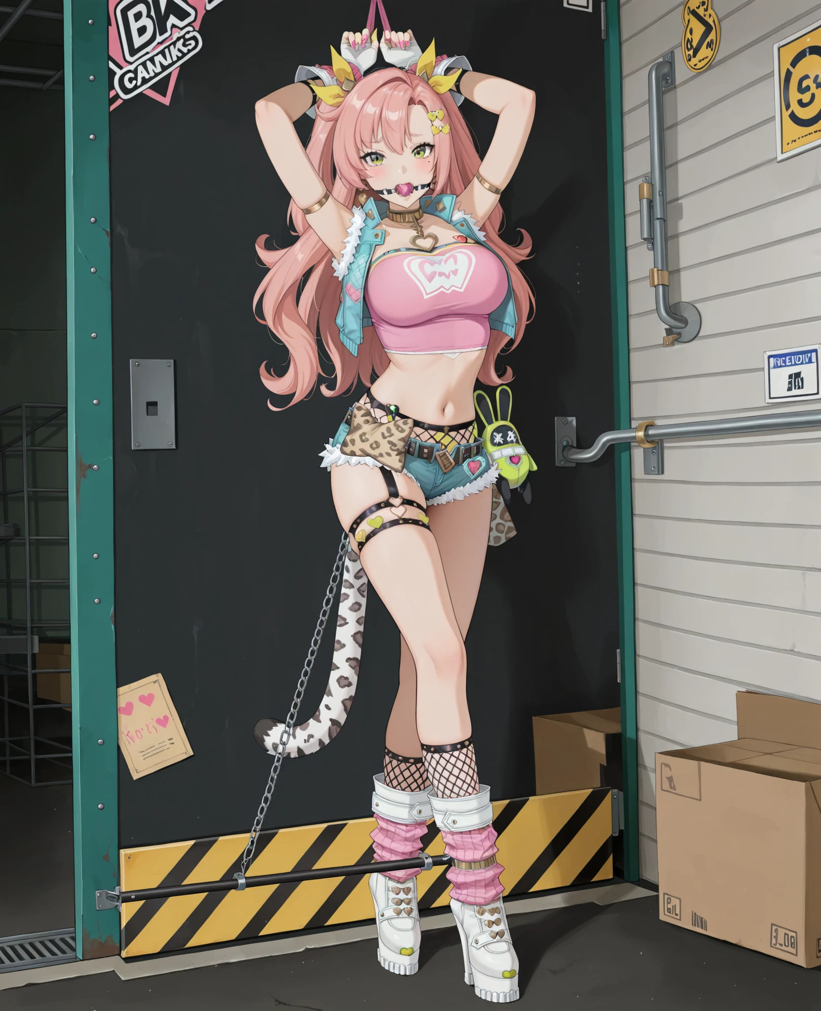 (Nicole_\(Zenless_Zone_Zero\)),full body,solo,long hair,yellow eyes,green eyes,pink hair,mole under eye,gloves,shorts,fingerless gloves,crop top,short shorts,(thigh stra,heart),midriff,belt,earrings,denim shorts,jacket,hair ornament,fishnet socks,very long hair,navel,large breasts,short shorts,cutoffs,pink shirt,looking at viewer,mole,twintails,bare shoulders,blush,sleeveless jacket,nsfw, gagged, white knee high ballet heels boots, ((Best quality, 8K, Masterpiece:1.3, 1 girl)), best quality, high quality, Ultra quality, extremely detailed, ultra detailed, masterpiece, 8K quality, leather body harness, bdsm, bondage, standing, spreader bar, leopard tail anal plug, hands tied up, ringgag