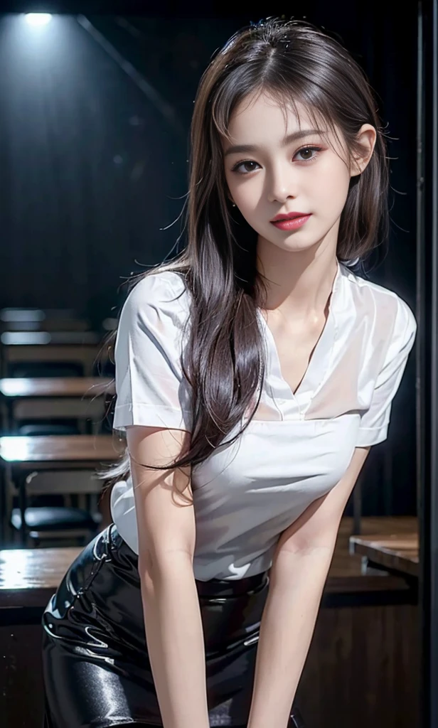 model shoot style,(The is very detailed的 CG unified 8k 壁纸),1个Giant Breast Girl,slender girl,ssmile,Best quality at best,(tmasterpiece:1.1),Watch by others,Brown hair long,Skinny wrap T-shirt,Hosiery,White background wall,white backgrounid,A girl with long hair,Long brown wavy hair,a beauti,On the street by the Yan River,Wearing a black miniskirt,中景 the scene is,natta,There are moons,lipsticks,ssmile,Beautiful figure,slenderness,in a panoramic view,high definition detail,choker necklace,eardrop,Hide your hands behind your back