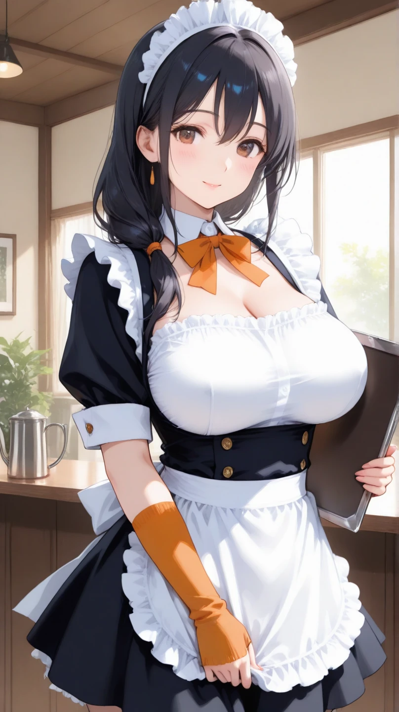 (masterpiece, best quality:1.4), illustration, 8k, hd, 1girl, solo, elegant_long_hair, black_hair, dress, white_thighhighs, no underwear, short_sleeves, frills, apron, brown_eyes, cleavage, metal_collar, anchor_choker, maid, white maid, ((big breast, glasses, smug)), (restaurant, maid cafe)
