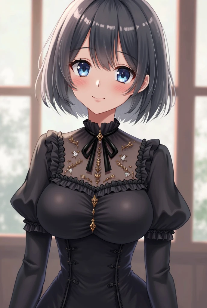 details face, line drawing, monochrome, line drawing, skirt, gray hair, white background、cleavage、smile、1 girl