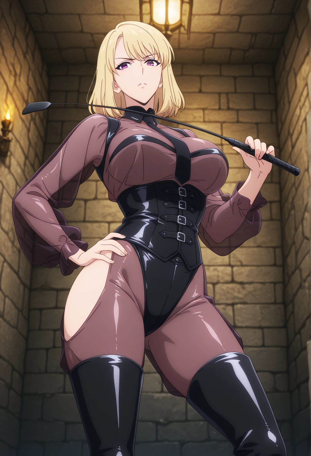 masterpiece, best quality, 1girl, nancylee, blonde hair, hair ornament, single hair bun,arms up, bdsm, bodysuit, bondage, bound, breasts, chain, closed eyes, high heels open mouth, solo, spread legs, thighhighs, cave background <lora:NancyLee:1>