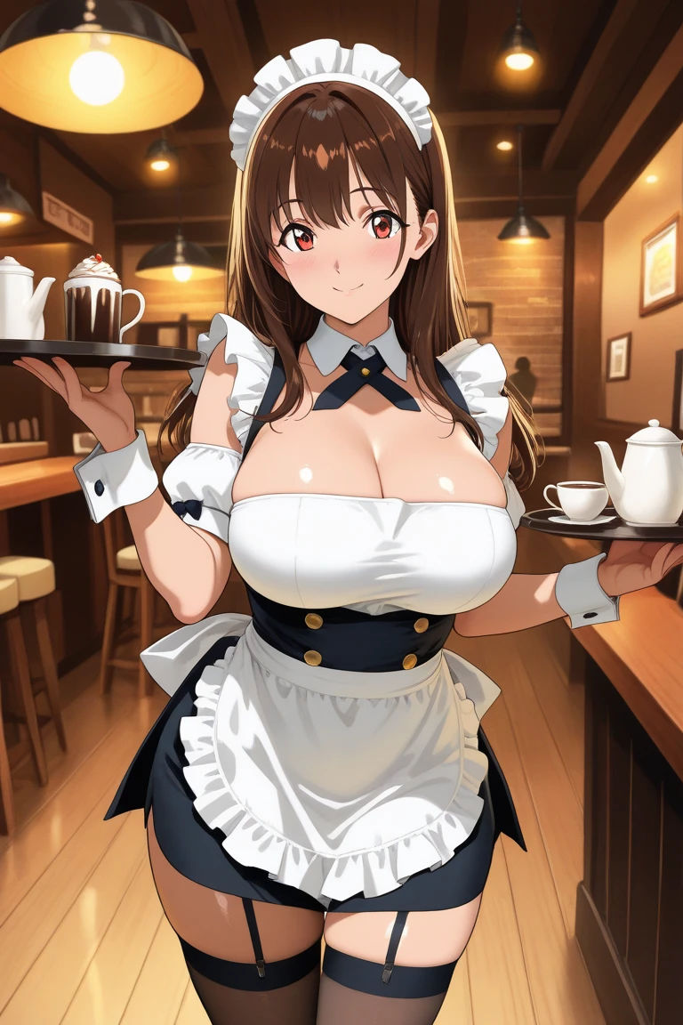 (1girl in), Amazing face and eyes, Brown eyes, (High school uniform with wide open chest:1.1), Beautiful big breasts, bared chest, (amazingly beautiful girl), dark brown hair, Long Wave Hair、Stylish hair ornaments, Ruffle style costumes, (Maid Cafe Costume, Pleated mini-skirt:1.5), (Best Quality:1.4), (Ultra-detailed), (extremely detailed CG unified 8k wallpaper), Highly detailed, High-definition raw color photos, ((Stylish maid café)), Menu Cards, Name Tags, drinks, food, (Light pink satin panties:1.2),