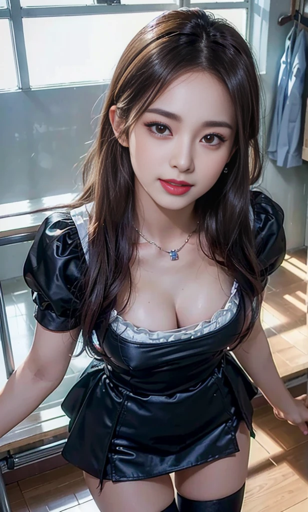 product quality, 1girl, full body shot, front view, a Japanese young pretty girl, shoulder length hair, wearing only a silky satin black apron with white frills over her naked body with a big smile, sitting in a luxury shower room, glamorous figure, wet hair, wet body, busty, hyper cute face, glossy lips, double eyelids in both eyes, natural makeup, long eyelashes, shiny smooth light brown hair, asymmetrical bangs, fair skin, central image, high resolution, high detail, detailed hairstyle, detailed face, cinematic lighting, octane rendering, vibrant, hyper realistic, perfect limbs, perfect anatomy