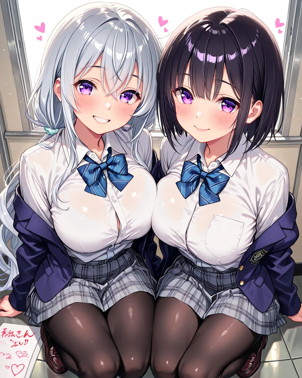 (A beautiful young Japanese woman), nsfw, Detailed Background, (((独奏))), ((Excellent anatomy: 1.2)), (Silver Hair, short hair), Big Tits, (dark skin:1.5), (green eyes), (Beautiful Eyes), (((Short sleeve white shirt, bow, Grey pleated mini skirt, loose socks, loafers))), (black special occasion thong panties:1.5), (grin:1.4), Earrings, Sitting on a bench in front of the station, Beautiful thighs, spread legs, (lift skirt:1.3), panty shot, (Hold the hem of a skirt:1.3), (love juice:1.5)