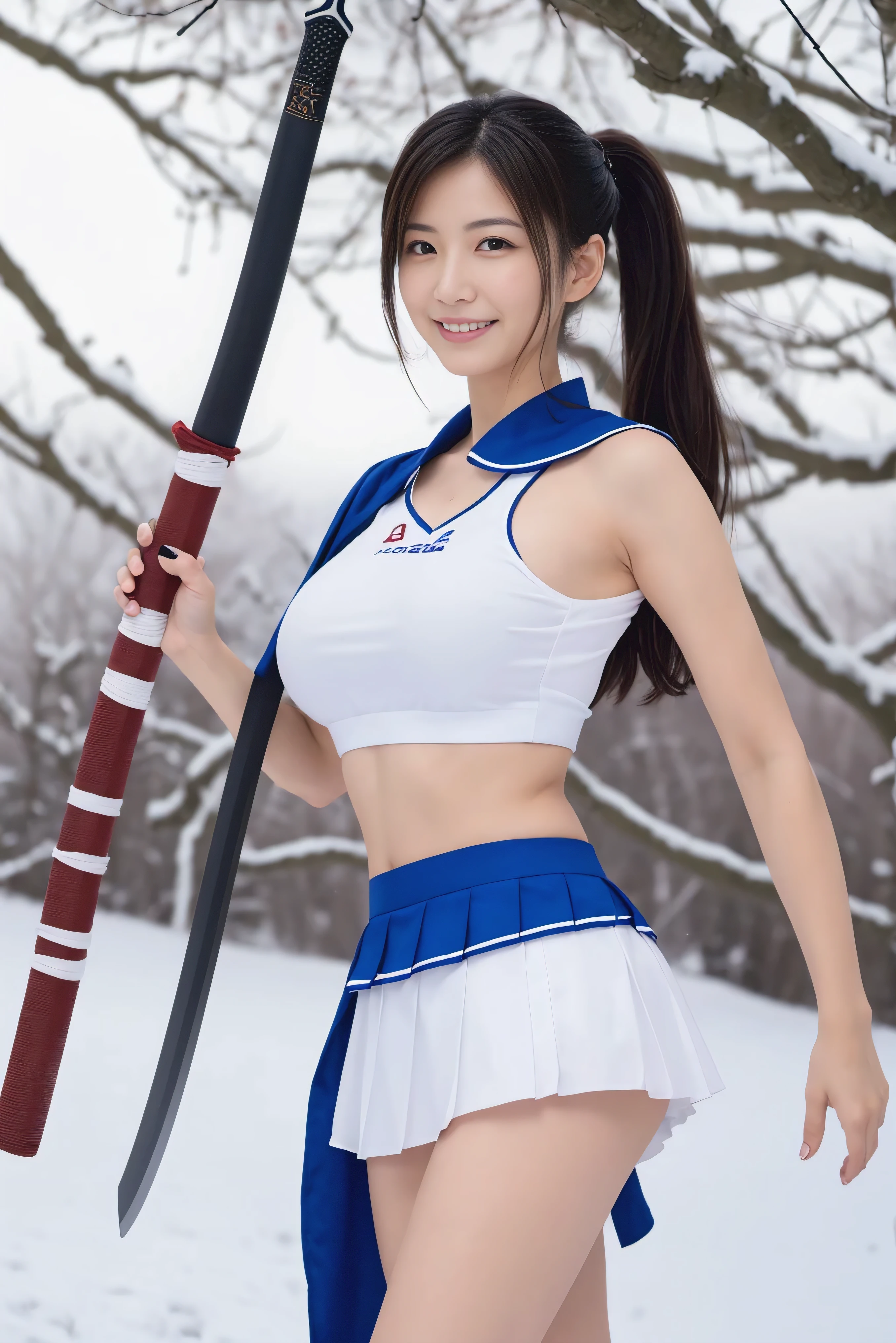 (highest quality,masterpiece:1.3,Ultra-high resolution),(Very detailed、Caustics) (Realistic:1.4, RAW shooting、)Ultra-Realistic Capture、Very detailed、Natural skin texture、masterpiece、(Japanese woman in ski wear holding board and poles:1.3), Adorable expression、Expressions of happiness、14 years old、Height: 160cm、Young Face、Amazingly cute、Twin tails、Straight hair、Scrunchie、Black Hair、light makeup、necklace、H cup big breasts、Shining thighs、Skin arm、Background in detail、smile、An inviting gaze、Anatomically correct、Attention to detail、Great skiing, Great skiinged,Sitting on a bench on top of a mountain、Tight ski clothing, sitting cutely in the snow, Snow piles up on my body