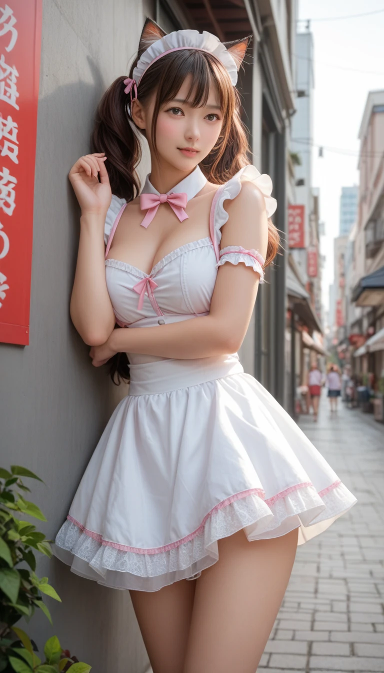 there is a woman in a white dress with a spider - man costume on, white skirt and barechest, cosplay of a catboy! maid! dress, wearing white skirt, dressed as schoolgirl, small curvy loli, cute schoolgirl, wearing skirt, touching her clothes, belly button showing, anime girl in a maid costume, japanese girl school uniform