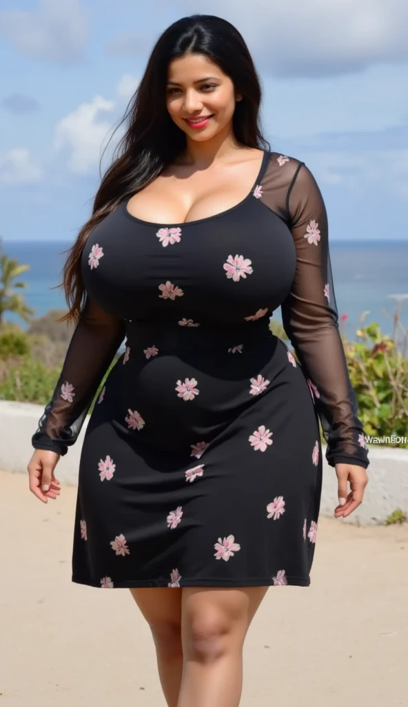 ((best quality)), ((masterpiece)), (detailed), perfect face, araffeTight skirtsShort , thicc, wavy short hair, she has a jiggly fat round belly, bbwchan, wearing tight simple clothes, skinny waist and thick hips, widest hips, her belly is fat and round, soft curvy shape, hyperrealistic full figure, wearing a cute top, wide hips, Blue swimsuit,On the beach by the seaBlue