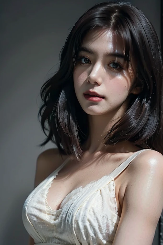 Best quality, masterpiece, ultra high res, (photorealistic:1.5), raw photo, 1girl, offshoulder, in the dark, deep shadow, low key, cold light, sexy look, short hair