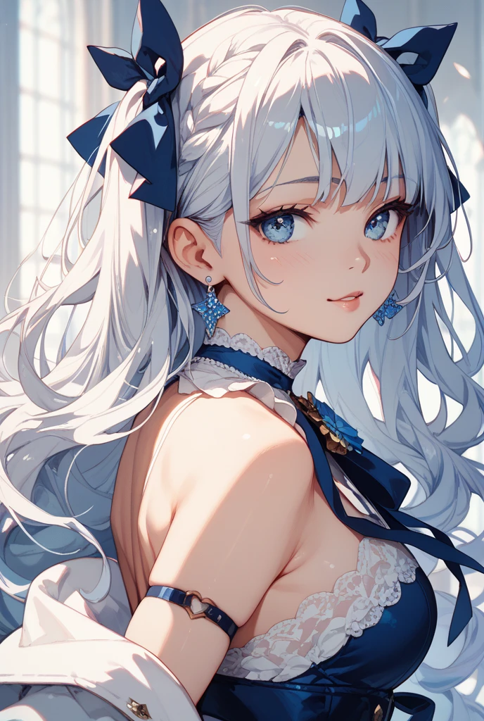 ((masterpiece, sidelighting, finely detailed beautiful eyes: 1.2)), ultra-detailed, ultra high res, professional lighting, high quality makeup, beautiful detailed eyes, sexy, beautiful, big eyes, drooping eye, (little girl:1.3), (elementary school student:1.2), (Loli:1.3), (petite body:1.3), (flat chest:1.5), blush cheek, blush body, blue eyes, moist eyes, blonde hair, absurdly long hair, ahoge, twintails, blue and white princess gown, Extremely cute, (extremely detailed beautiful face), Authentic skin texture, beautiful hair, beautiful face, beautiful eyes, beautiful body, beautiful hands, smile, standing, (orgasm), (face focus:1.6)