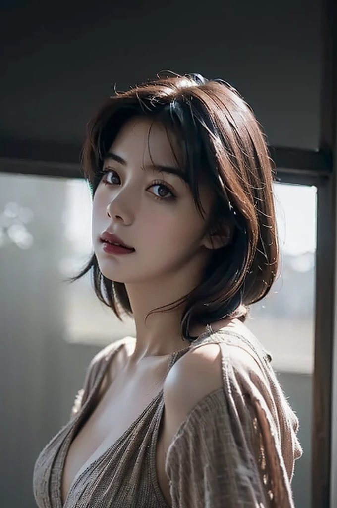 (best quality,4k,8k,highres,masterpiece:1.2),ultra-detailed,(realistic,photorealistic,photo-realistic:1.37),beautiful expressive eyes,long eyelashes,beautiful detailed lips,detailed hair and face,(She looks as if she is about to cry.),(Transparent white skin),confident expression,confident pose,professional photograph quality,(Very large breasts),Short hair,(soft lighting),(downpour, wet and disheveled hair,wet white blouse,evening),