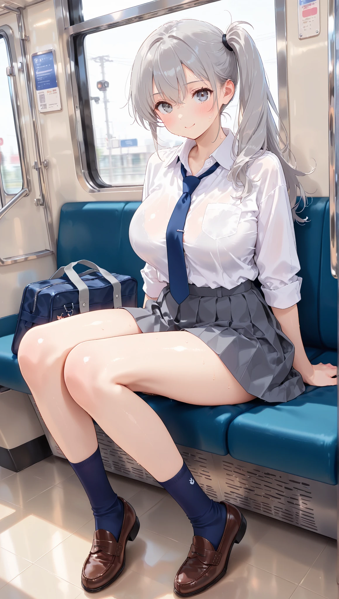 Molester,student,Big Breasts,Black underwear,Showing breasts,Gray Hair,Spread your legs,No eye highlights,With skirt,Knee socks,train,Half-naked