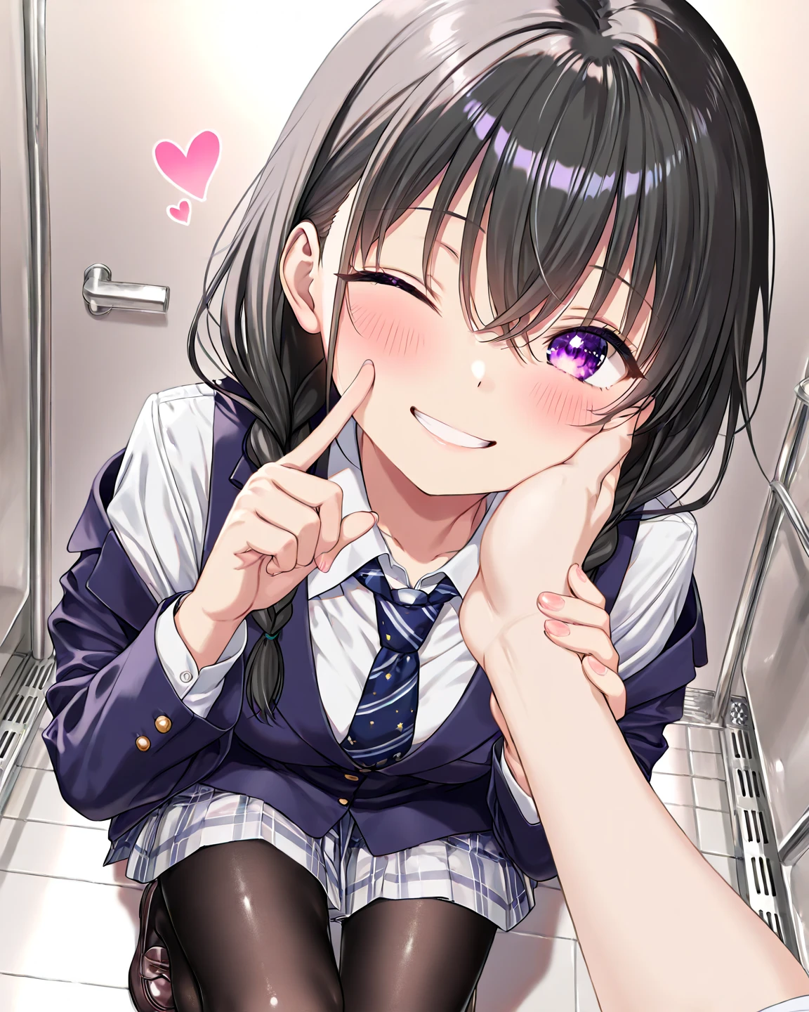 looking ahead,from above,slouch,handjob,side view,face focus,open mouth,tongue out,cum on tongue,Licking the penis,(1girl,Beautiful 14 year old girl),((Slender,Small breasts,Baby Face,Small face,)),looking at viewer,Black Hair,bangs,two side up,Gray Eyes,Drooping eyes,slit pupils,narrow eyes,,Short sleeve shirt,Checked tie,Checkered mini skirt,Beautiful and detailed anime art,Mischievous smile,Dimly lit room,Simple Background,Gray background,Low lighting

