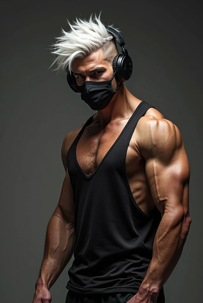 Teen male posing, sweatpants, skinny body, atmospheric, cute face, white hair, mask, dead inside, plaid shirt