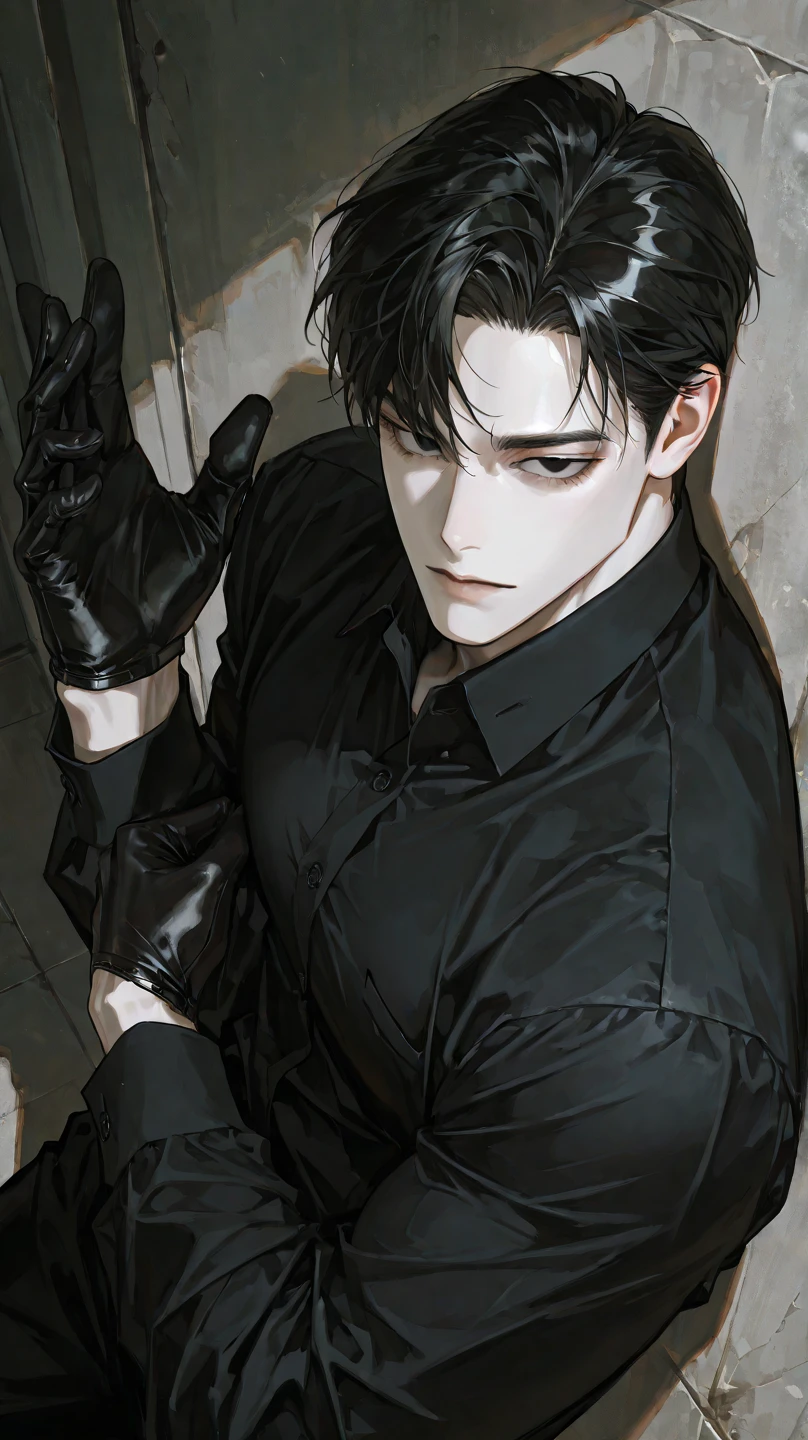 8k , 아름다운 masterpiece , 32 year old male , handsome , Messy Black Hair , short hair , 1 man , male-centered , handsome man , Thick painted , black eyes , Perfect Eyes , semi-realism art , semi-realism art style , masterpiece , top quality , amazing quality , Exquisite Details , very detailed , mature , alone , black formal shirt , black half gloves , Plain gloves , pale skin , dynamic angle , muscular , near , heavy body