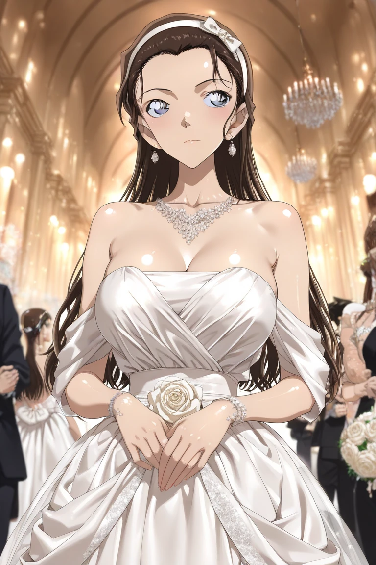 ((Highest quality)), ((masterpiece)), (detailed), (Perfect Face)、The woman is Princess Leona, wearing a mermaid-style wedding dress and has long, light brown hair.、The woman is the center of attention at a ballroom party attended by many people in a luxurious palace.