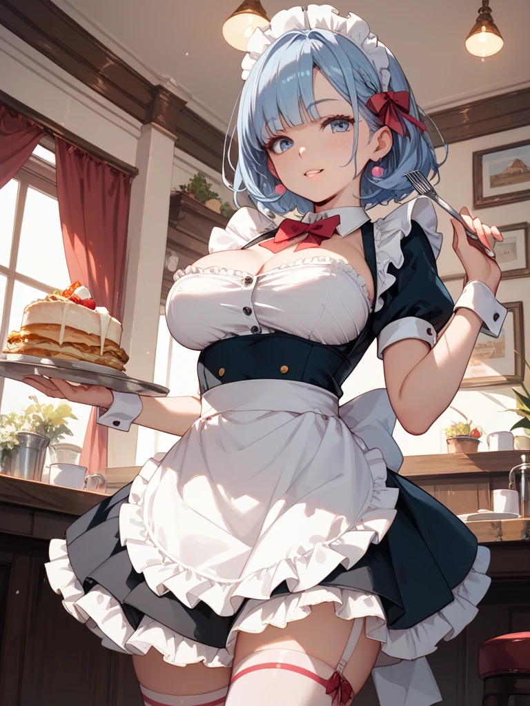 Rem,Re:zero, blue hair,short hair,masterpiece, highest quality, one high school girl, big breasts, night, indoor, lively restaurant, micro bikini pushed, Micro bikini with only strings, ponytail, earrings,  white apron,  Puffy short sleeves, between the breasts, small tray, central opening,  bow tie, pelvic curtain,  shy smile, embarrassing, short maid skirt, maid headdress, Cream On 