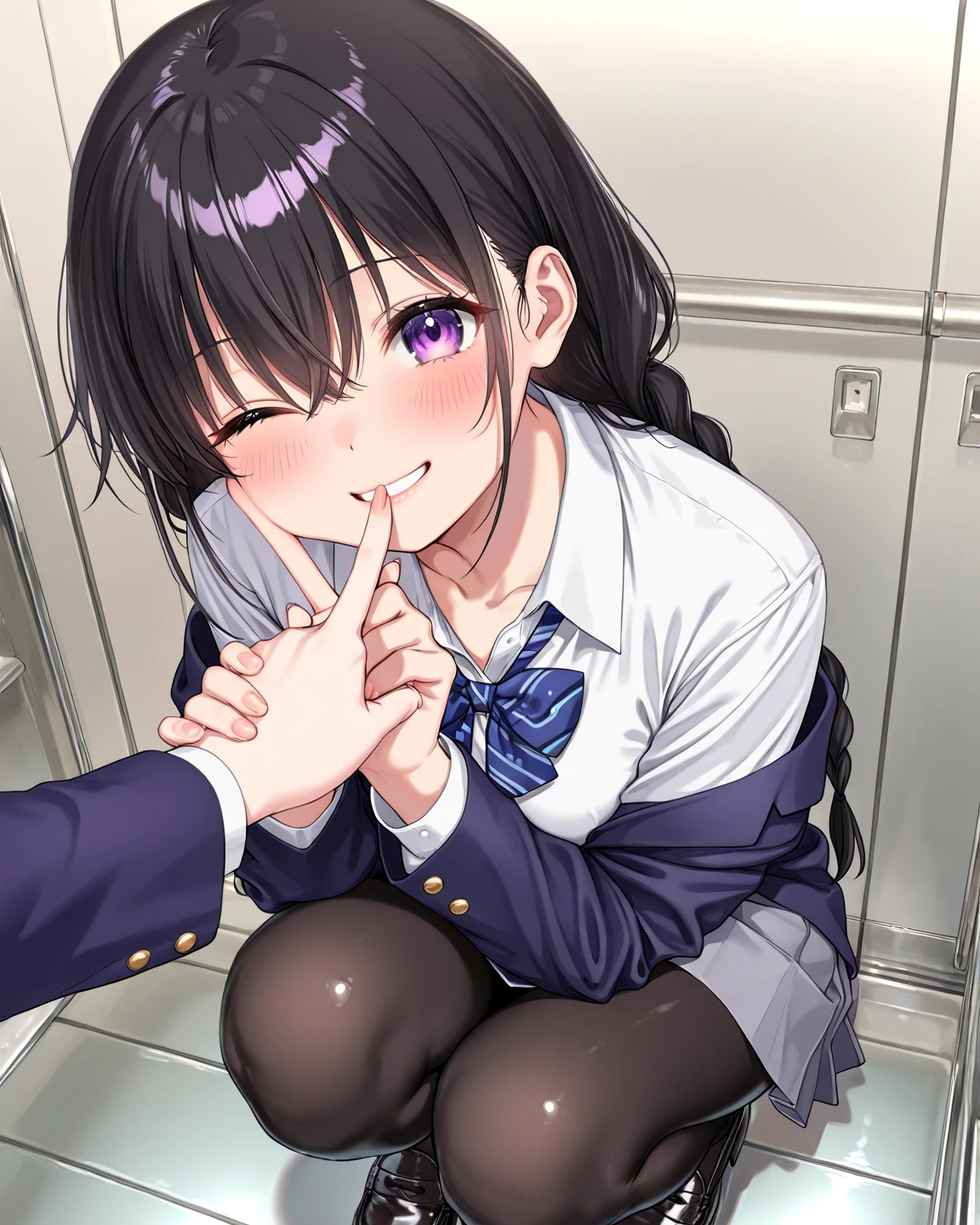 Blowjob,A mischievous smile with fingers around tongue,to ridicule,Troubled face, Scary, despise,Perfect limbs,
Improve, clavicle, bow, loose bowtie, White shirt, Collared shirt, Long sleeve, bracelet, Wrist scrunchies,Blue Skirt, Pleated skirt,
Waist clothes,Next to her stands a fat old man with his penis out.,Sperm splashing on the face